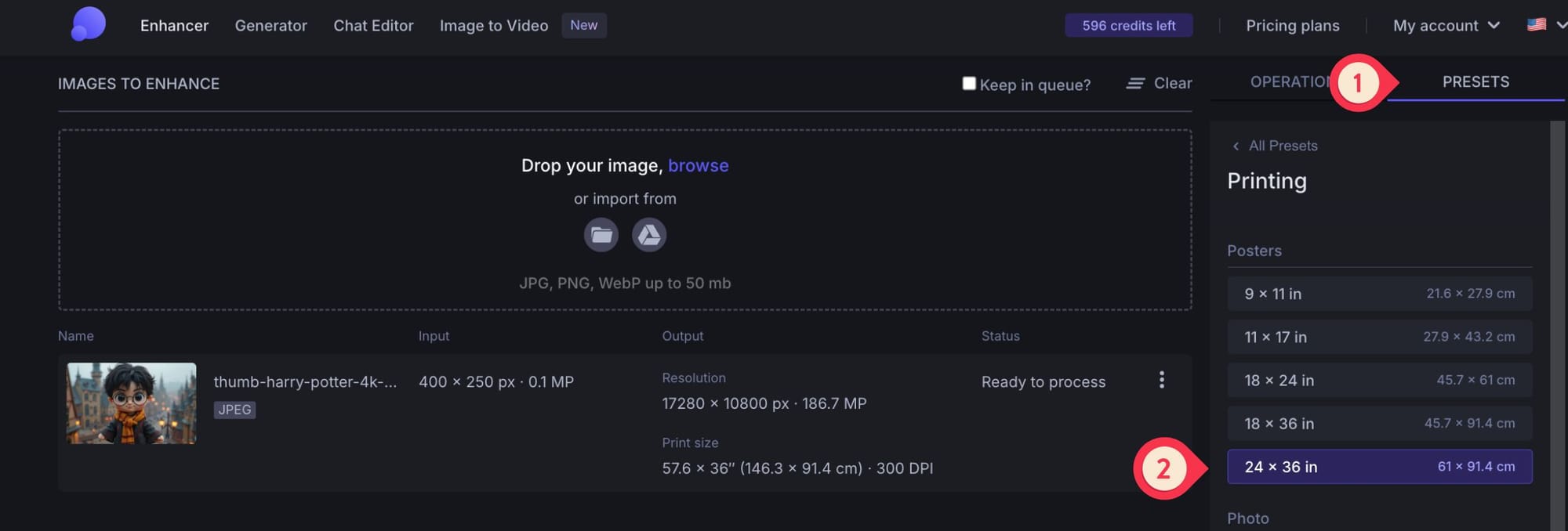 LetsEnhance printing presets panel with poster and photo options