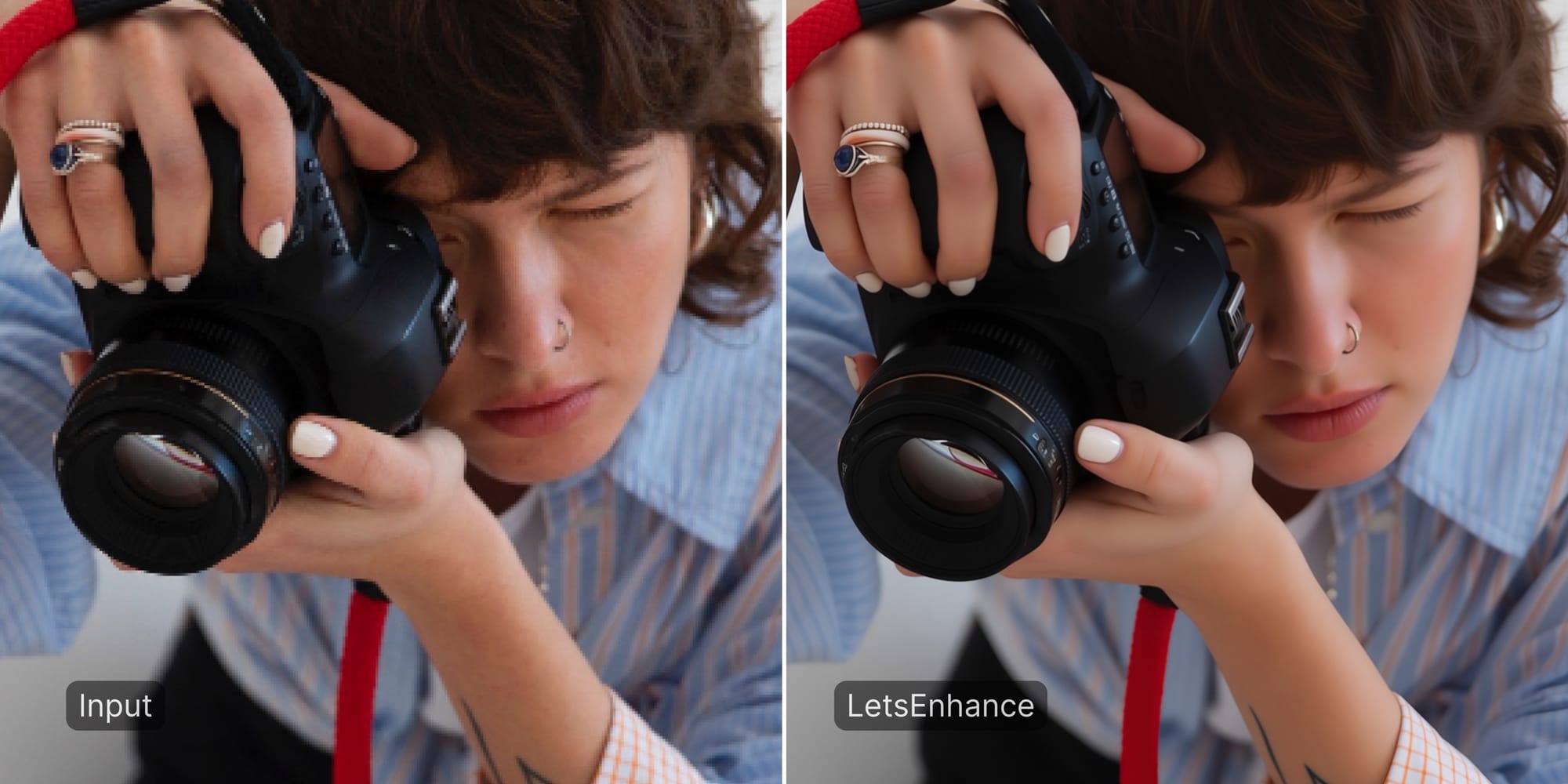 Closeup before-and-after image showing LetsEnhance Ultra model improving facial and fabric detail