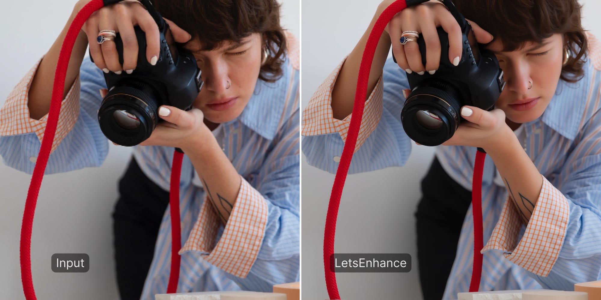 Side-by-side comparison showing LetsEnhance upscaled portrait versus input