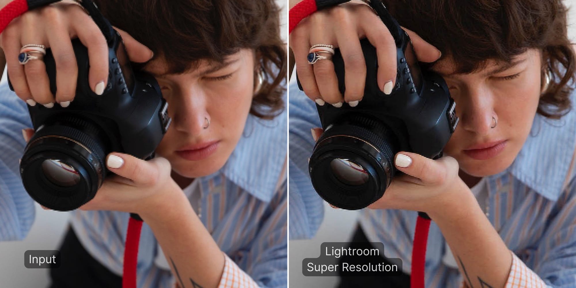 Close-up comparison showing Lightroom preserving soft, natural texture
