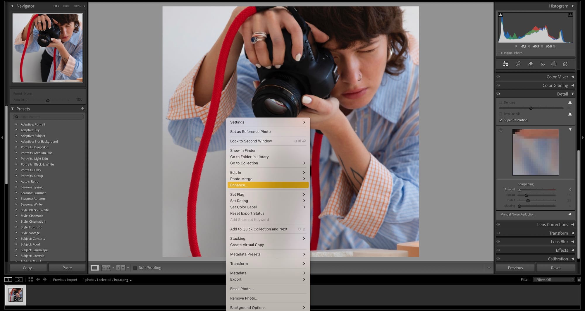 Lightroom Super Resolution dialog showing Enhance > Super Resolution option