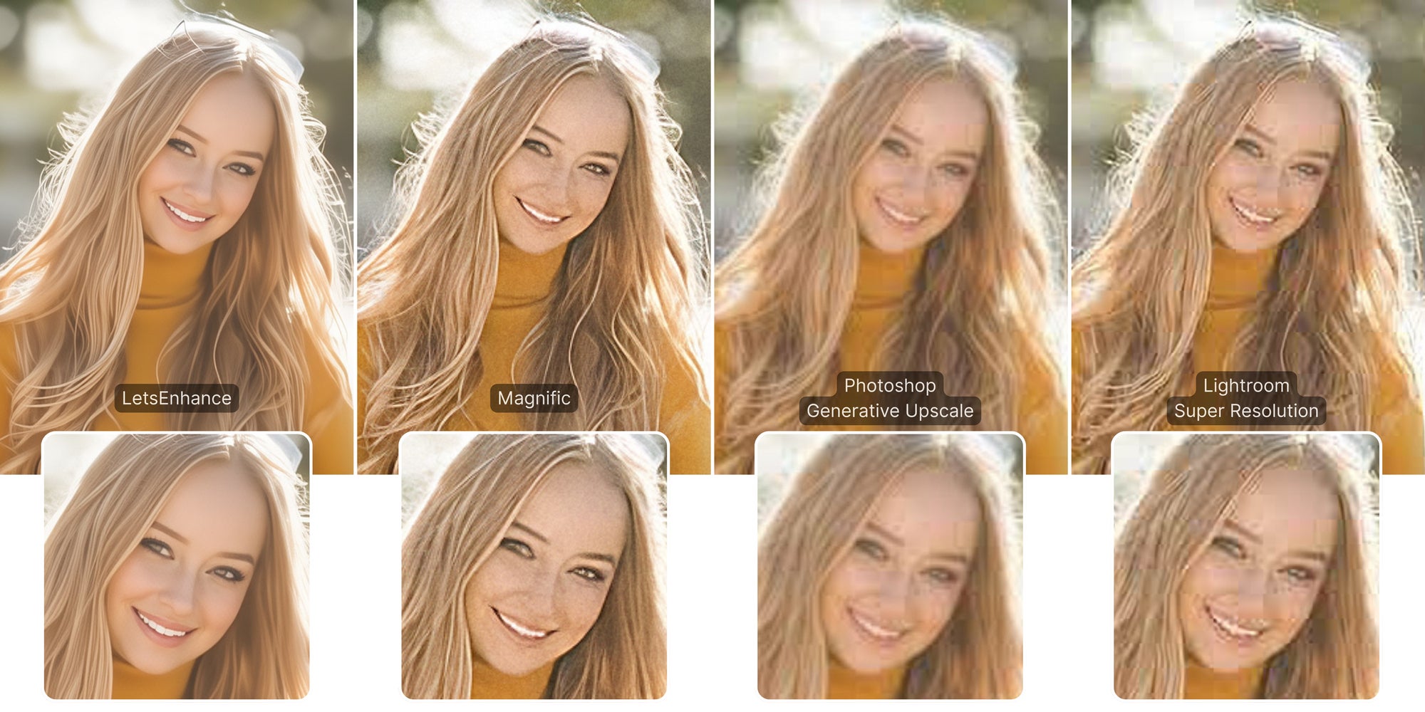 Four-tool comparison of upscaling results on low-resolution portrait