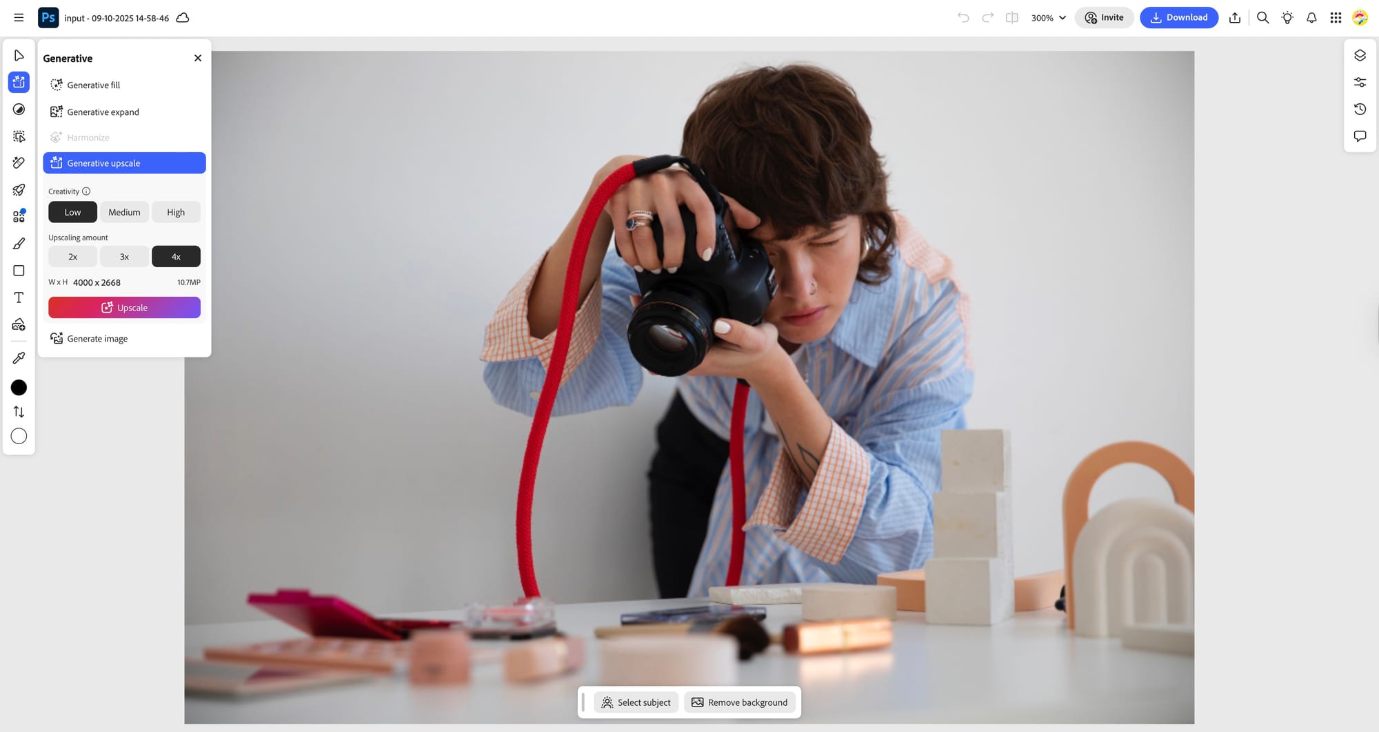 Photoshop Generative Upscale window inside the Image menu