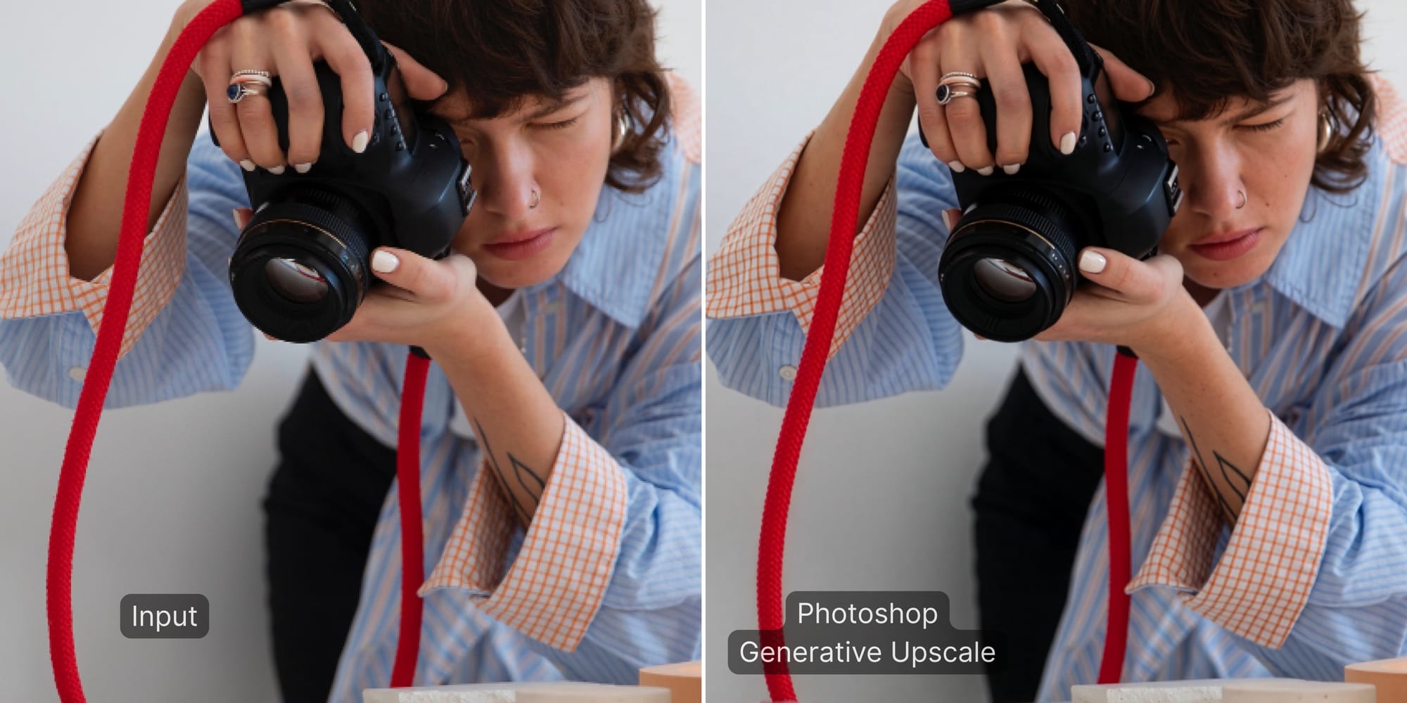 Comparison showing Photoshop Generative Upscale with modest sharpness improvement