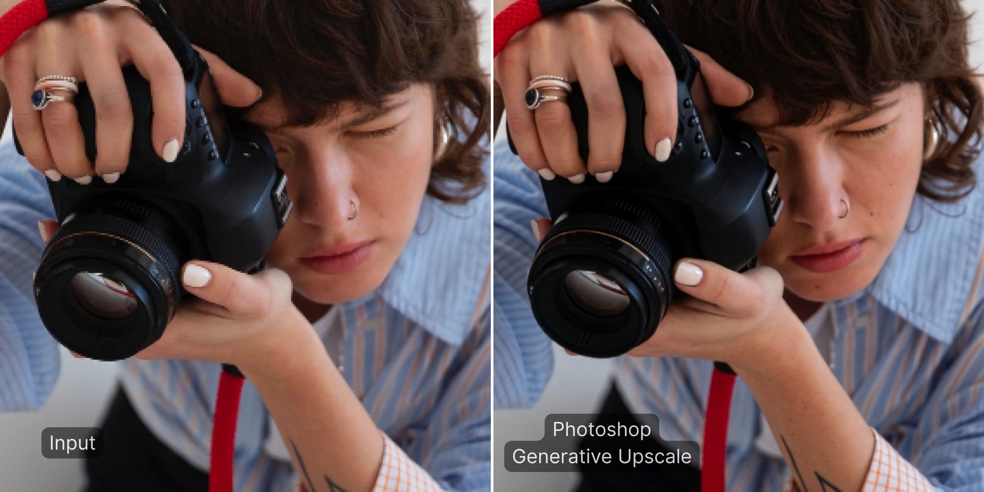 Close-up comparison of Photoshop Generative Upscale highlighting fine jewelry and fabric