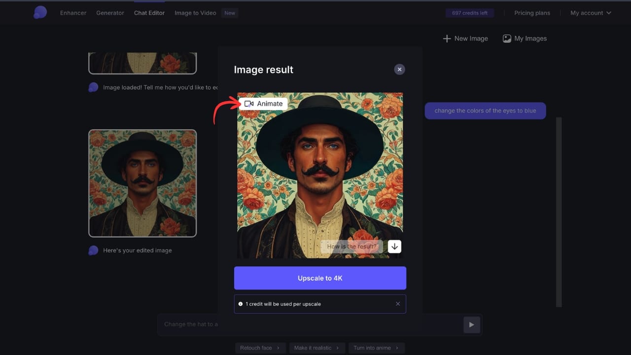 Screenshot of the Animate button in the preview modal