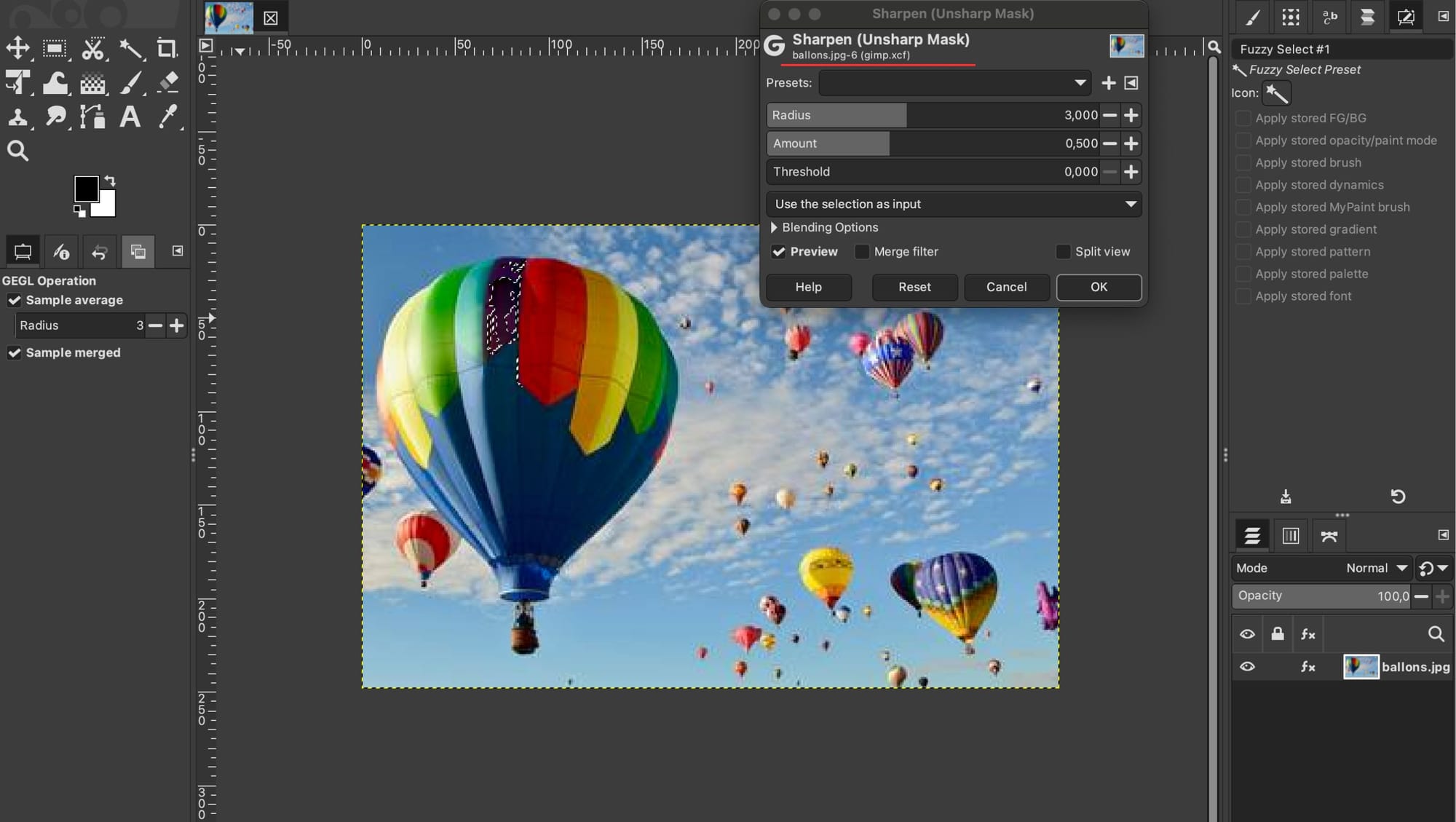 GIMP interface showing Unsharp Mask sharpening tool