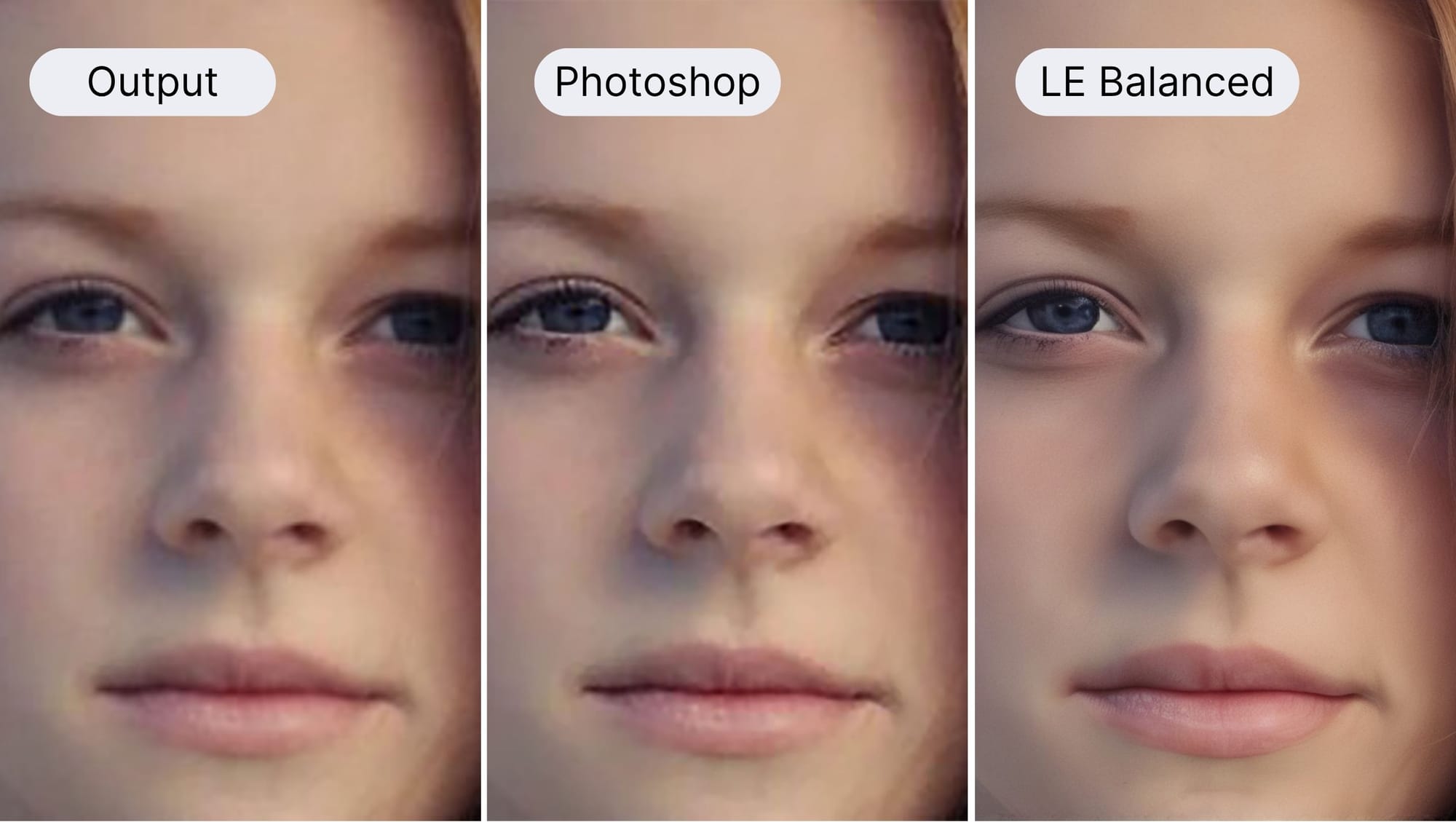 comparison of blurred portrait restored with Photoshop and Let's Enhance