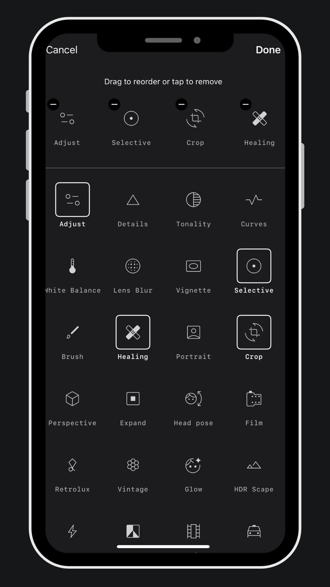 Snapseed app interface displaying editing tools on mobile screen