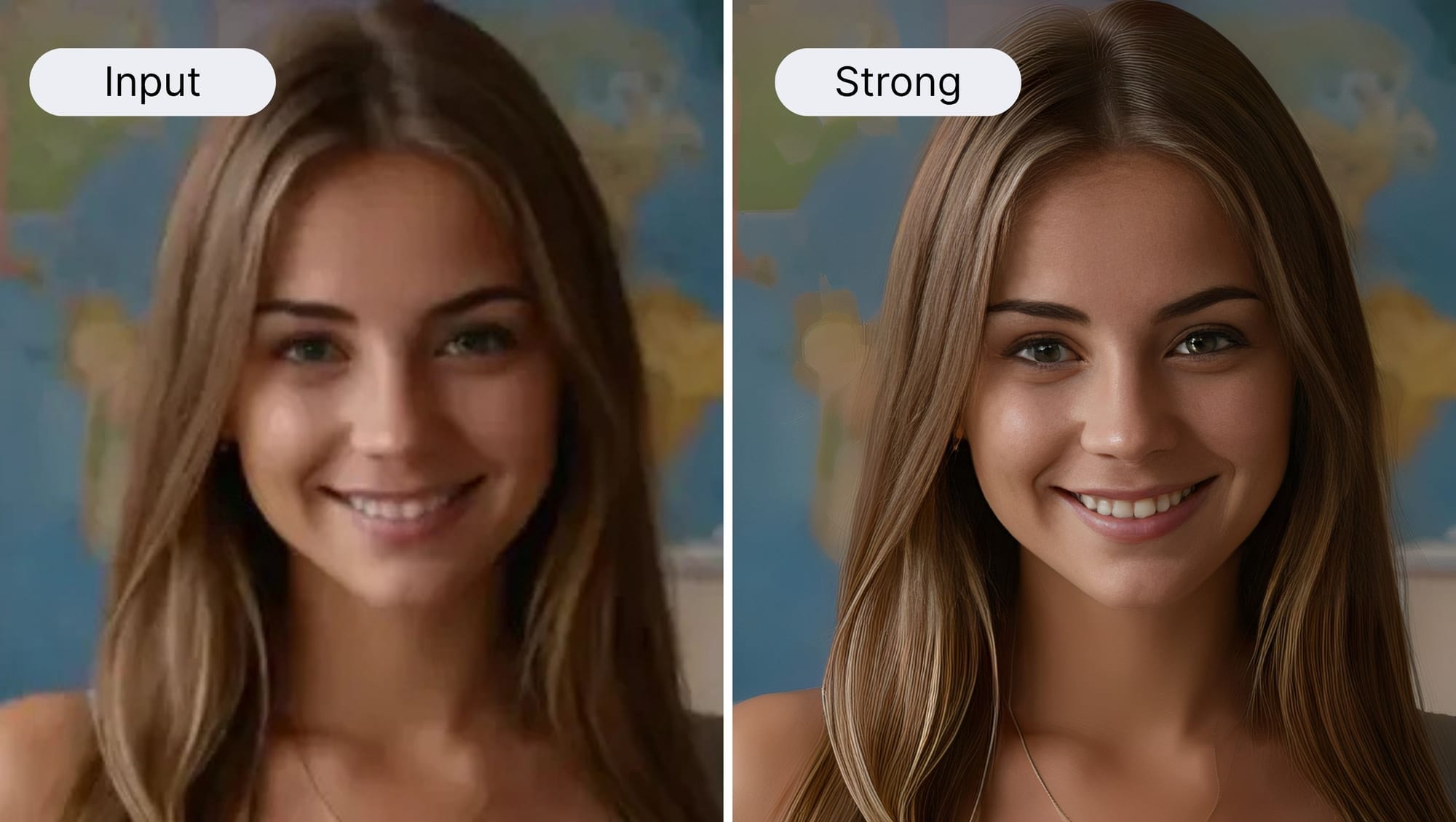 before‑and‑after comparison: blurred photo vs LE Strong upscaled version