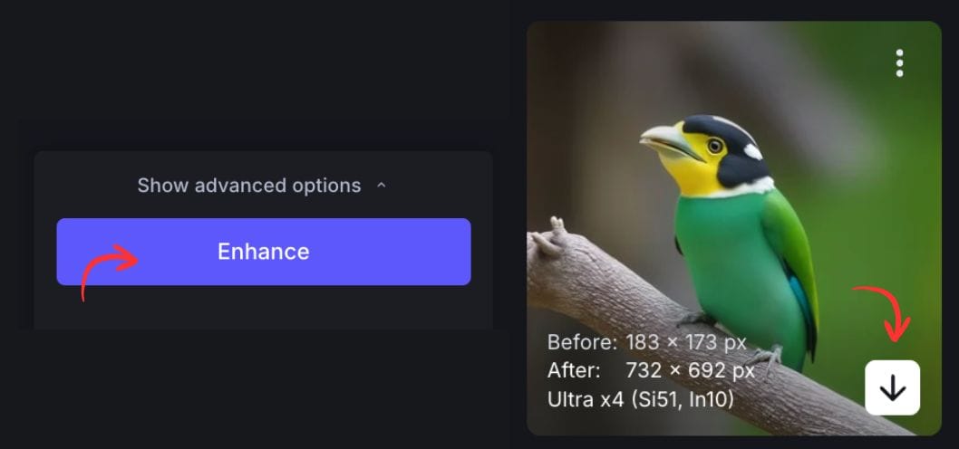Enhancement and download button shown after AI restoration completion