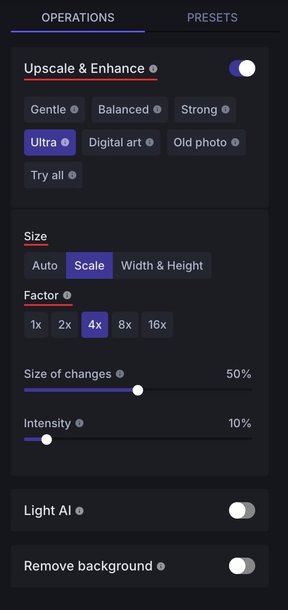 LetsEnhance Ultra upscale settings interface
