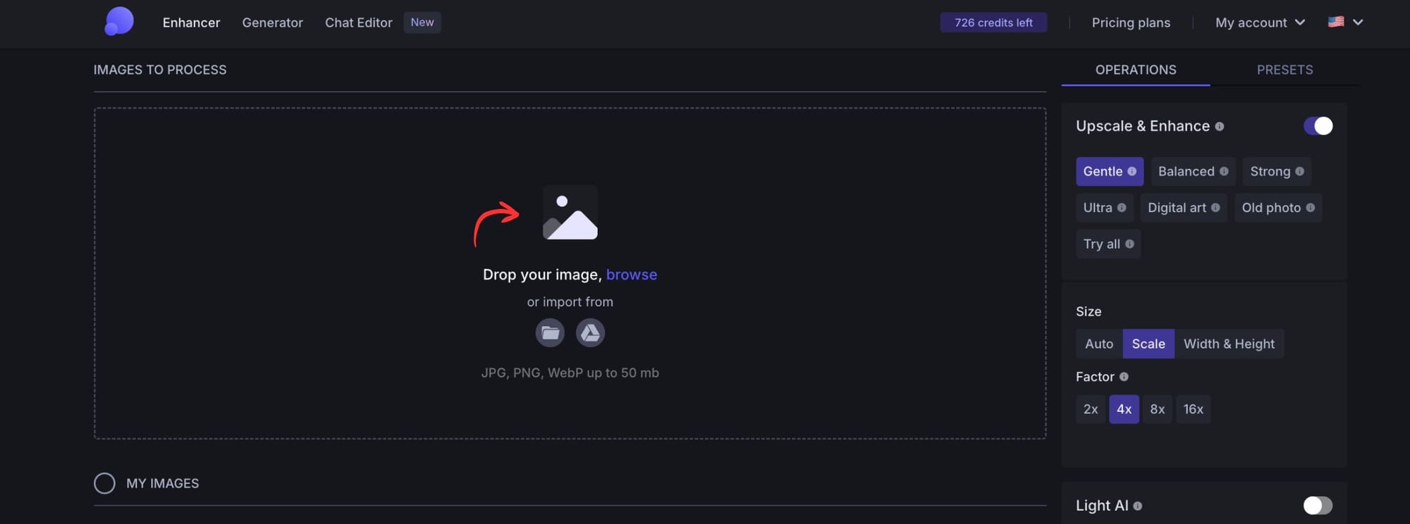 Uploading a JPEG file in LetsEnhance's web interface