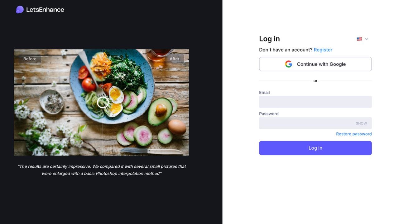 Screenshot of LetsEnhance's login page for image restoration