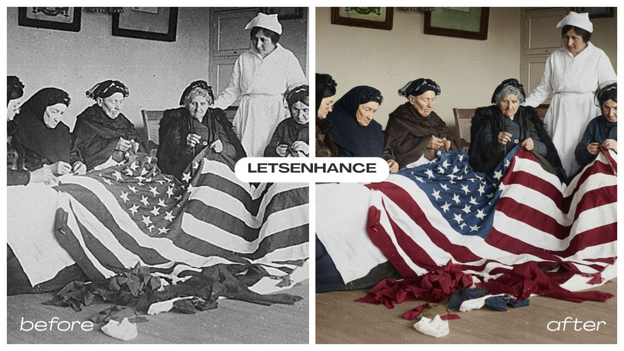 Restoring historical photo of women repairing an American flag