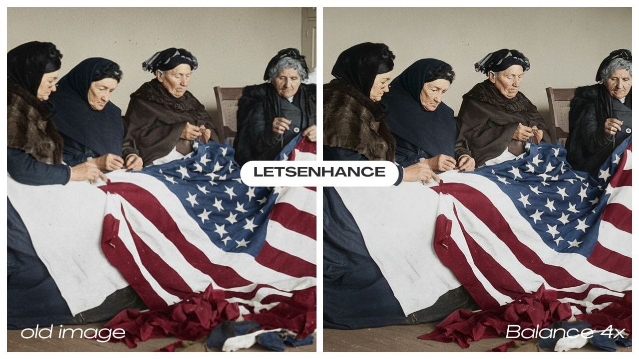 Side-by-side restored photo vs enhanced with Balance model in LetsEnhance