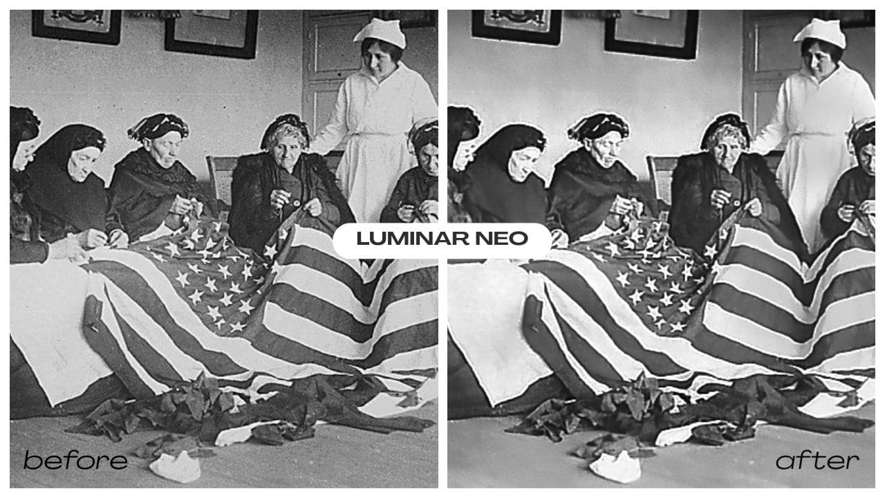 Black-and-white historical group photo sharpened with Neo