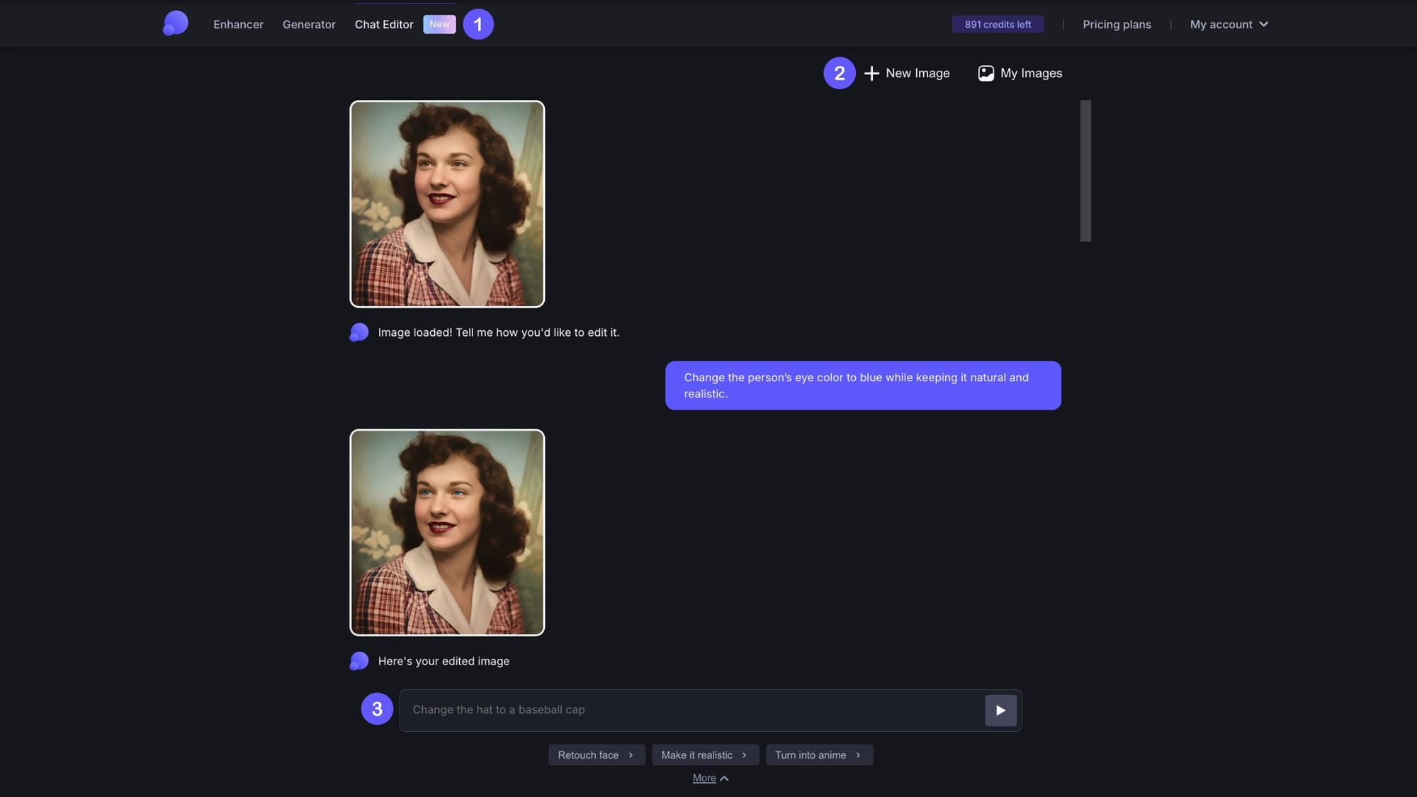 Screenshot of LetsEnhance desktop interface with Chat Editor