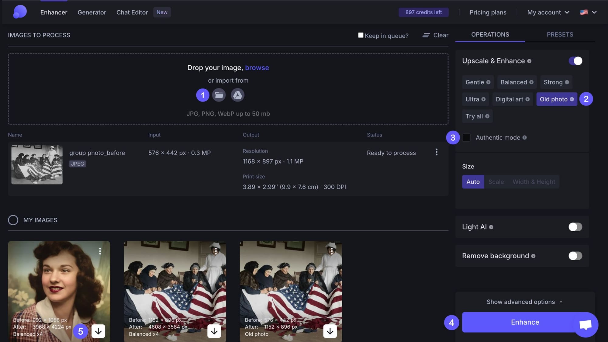 Screenshot of LetsEnhance photo restoration interface