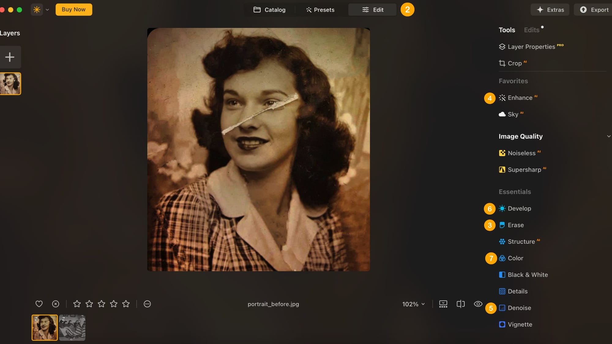 Screenshot of Luminar Neo photo restoration interface.