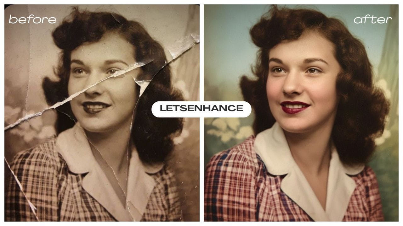 Restored portrait of a woman with red lipstick and shirt