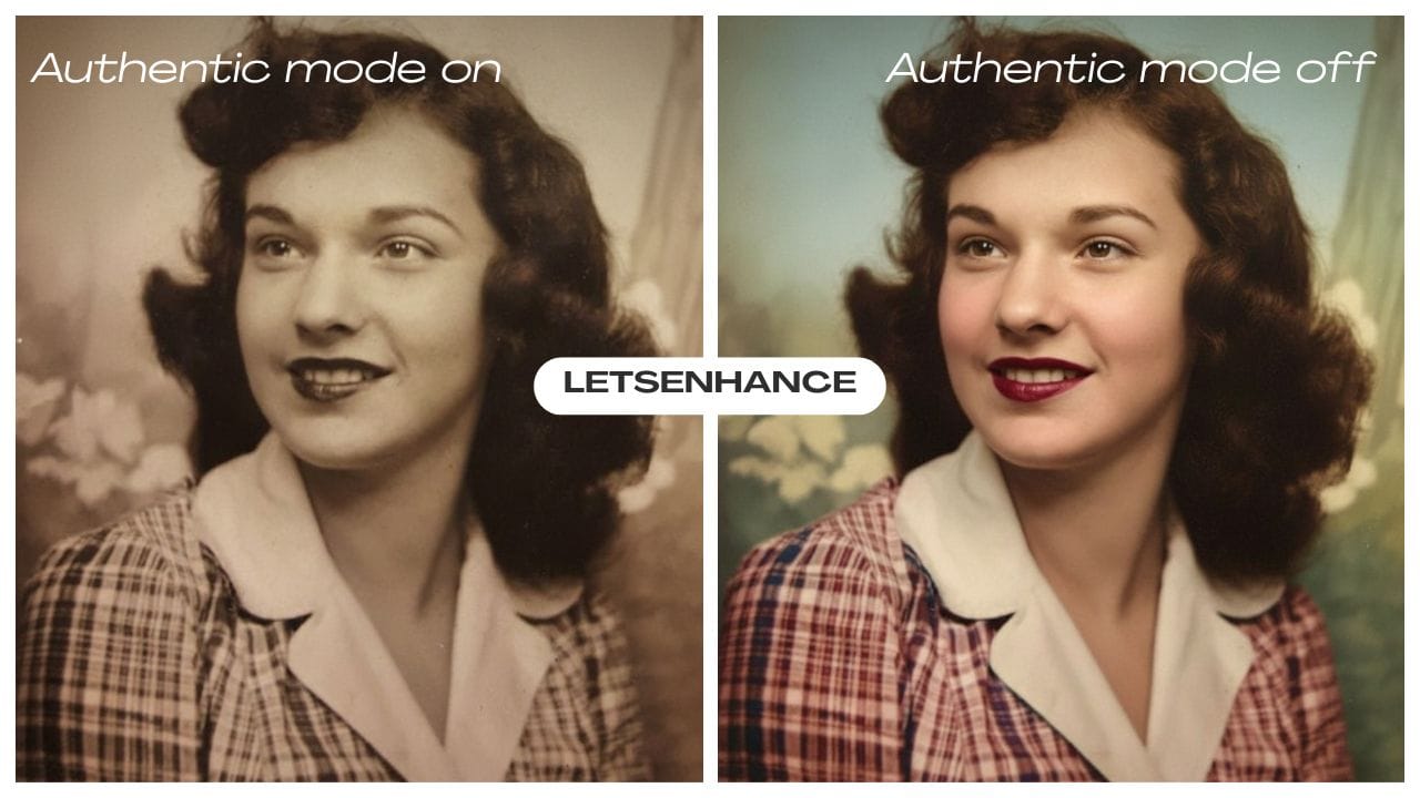 Side-by-side before and after portrait restored with LetsEnhance upscaler