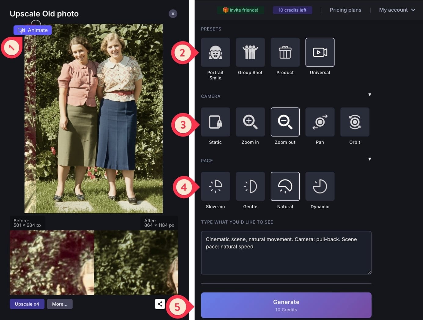 Desktop interface showing AI animation settings