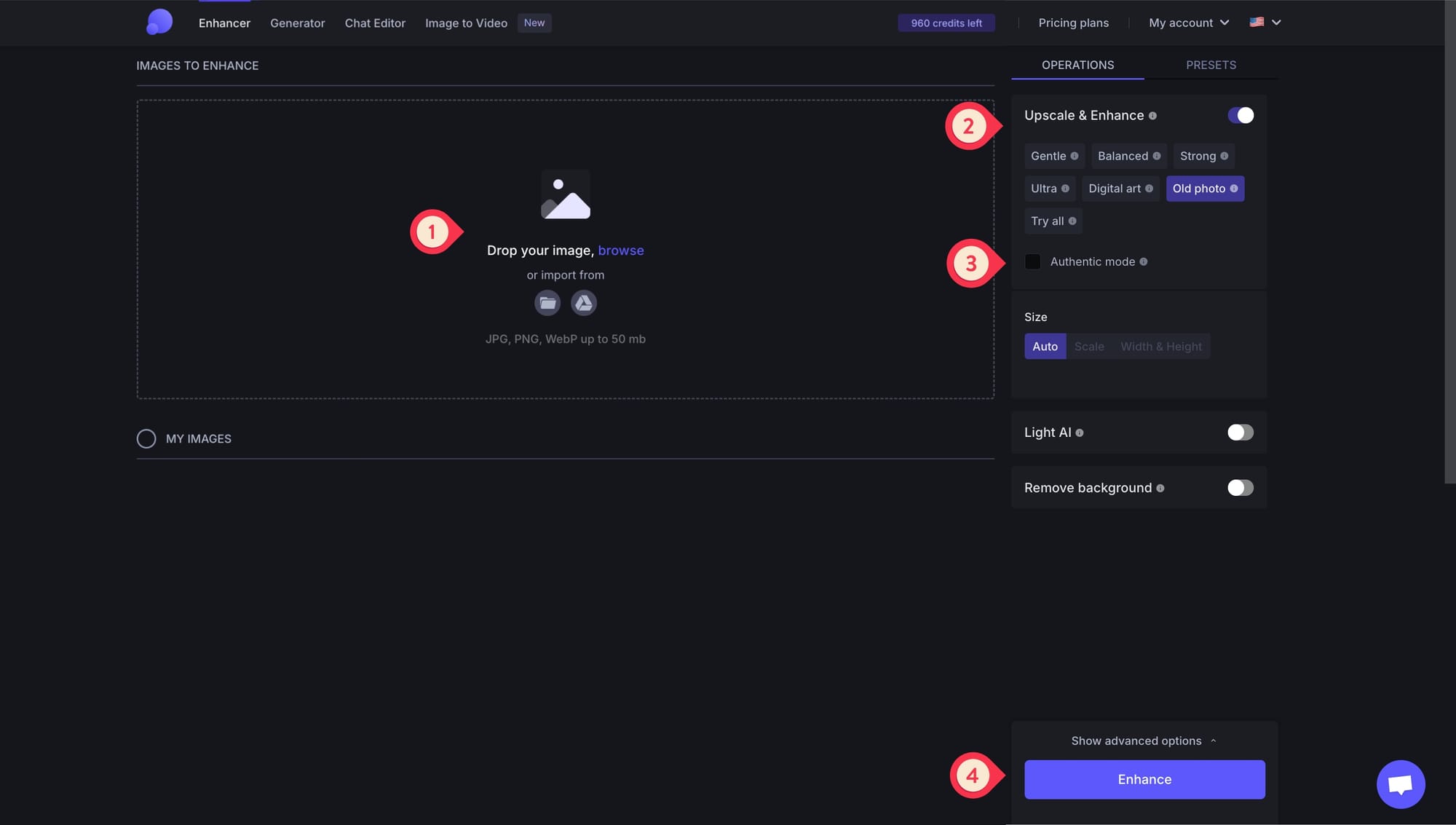Desktop view of LetsEnhance step-by-step photo restoration workflow