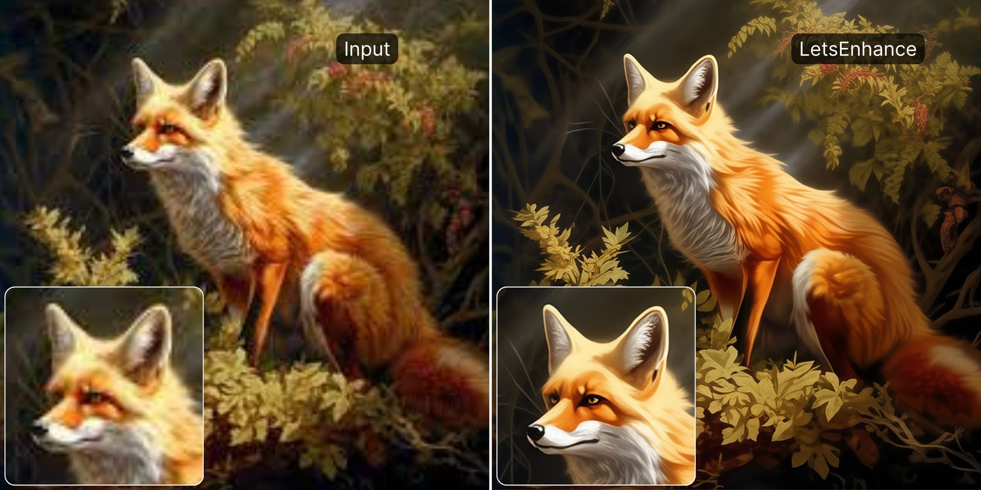 Side-by-side fox artwork comparing original and LetsEnhance output