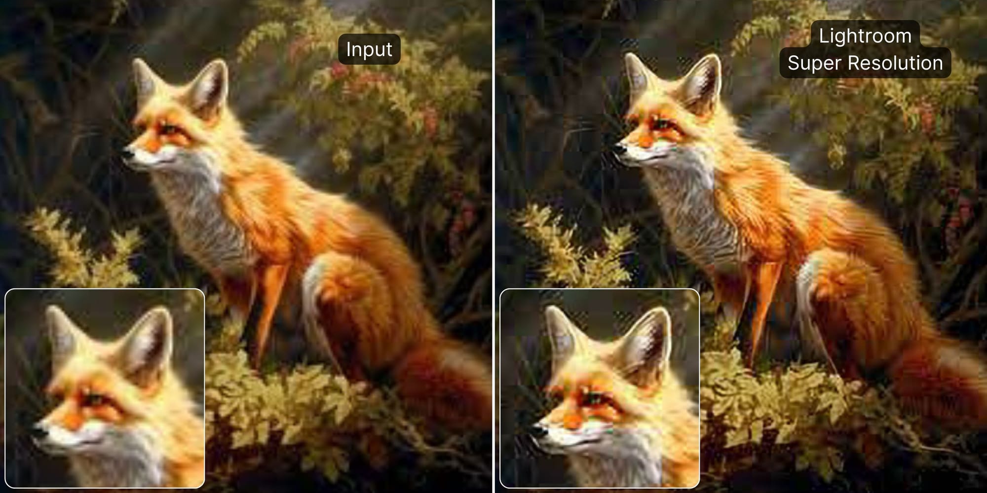 Fox artwork comparison showing Lightroom’s mild clarity improvement