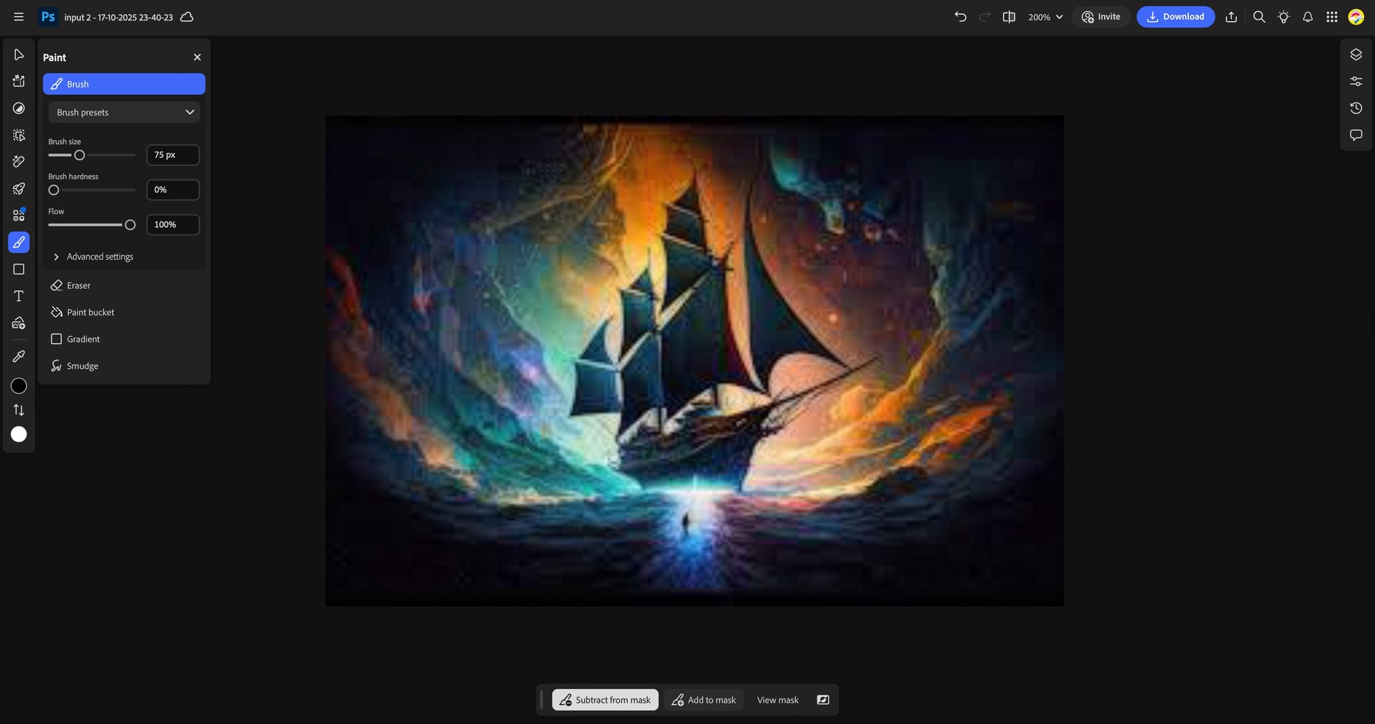 Photoshop interface showing generative upscale applied to artwork layer