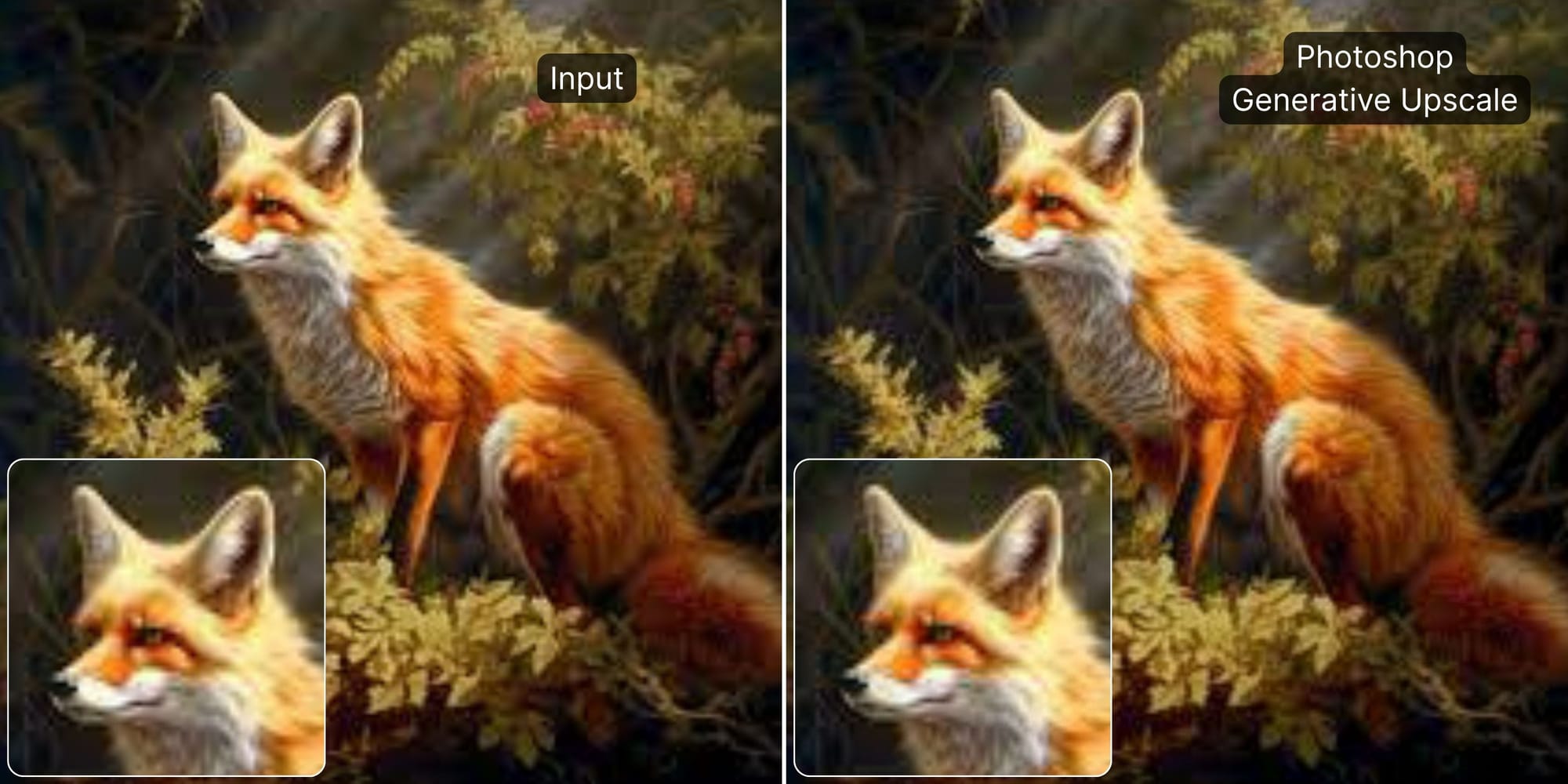 Comparison of Photoshop Generative Upscale showing a larger but softer fox artwork