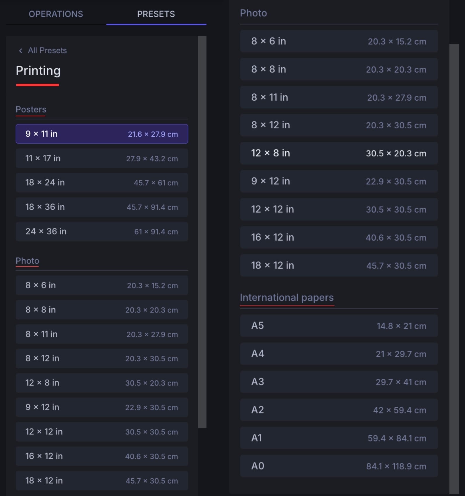 Screenshot of preset poster sizes in the LetsEnhance printing menu.