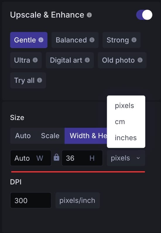 Screenshot of size and DPI settings inside the LetsEnhance upscaling panel.