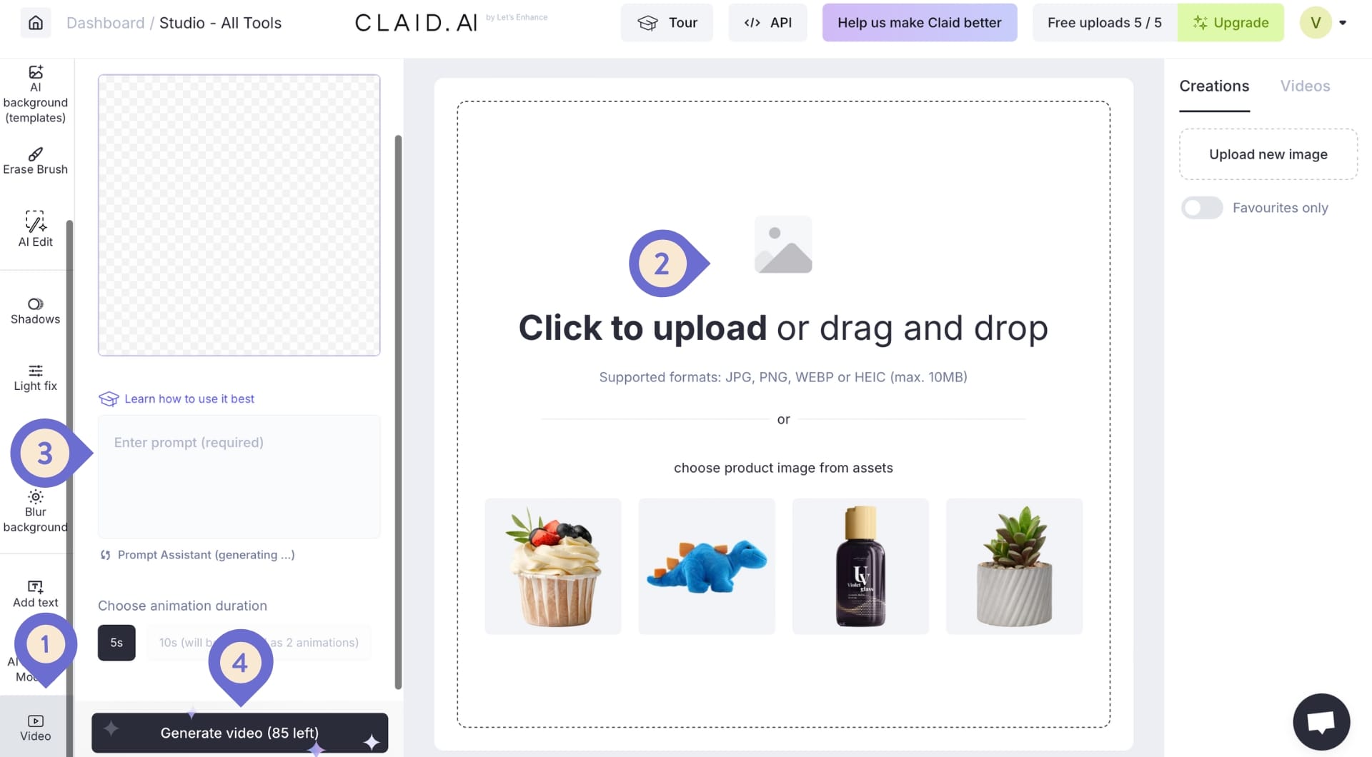 Screenshot of the Claid.ai's video generation interface