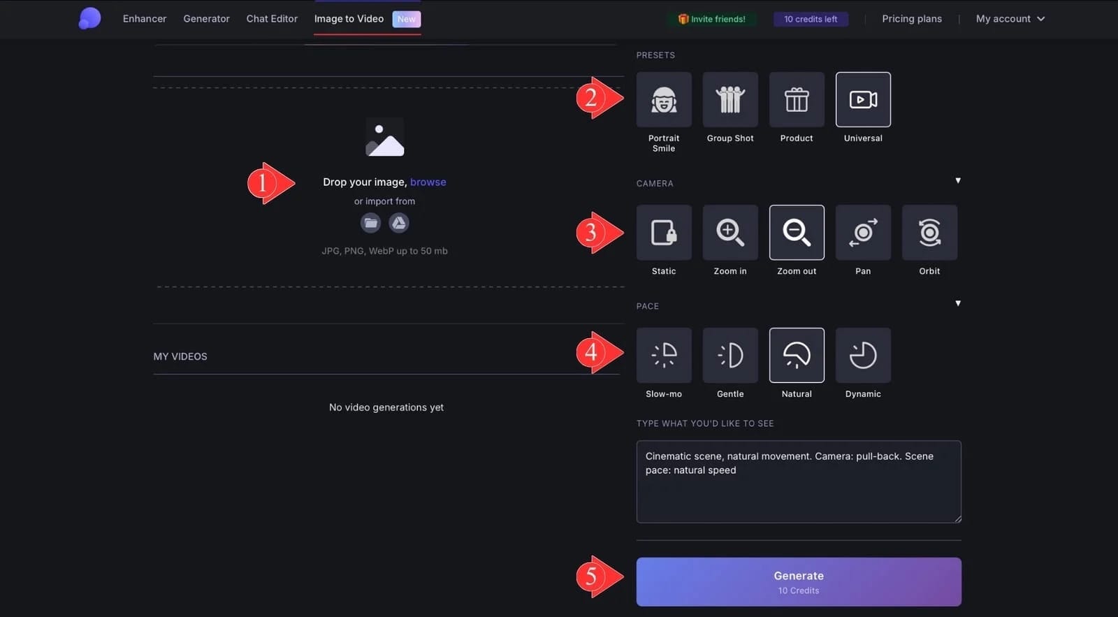 Screenshot of the LetsEnhance video generation interface with presets and controls