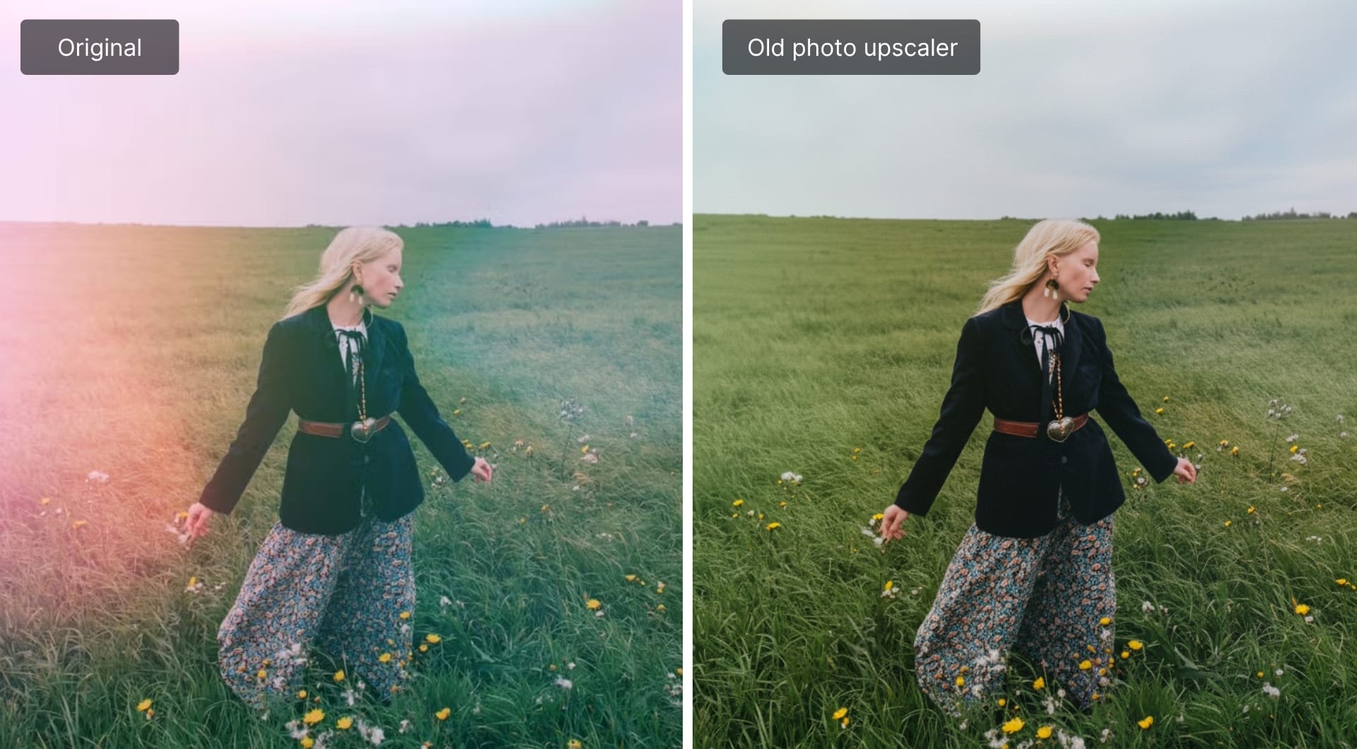 Removing red light leak streaks from vintage film photo using LetsEnhance