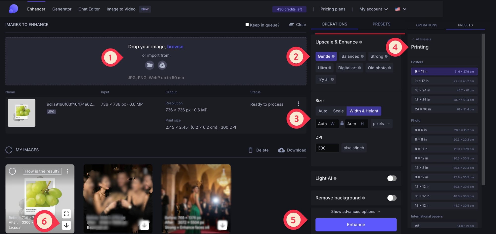 Screenshot of the LetsEnhance interface showing size, DPI, and model settings.