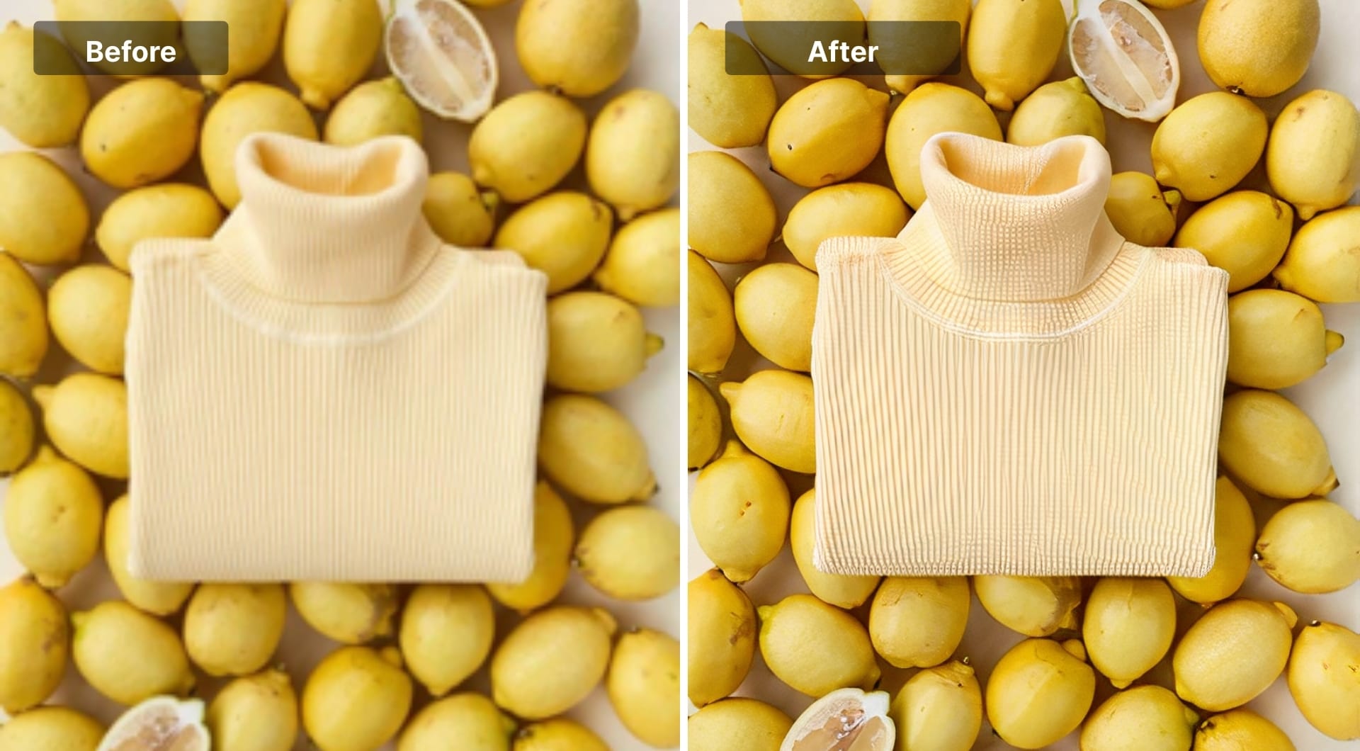 Flat-lay sweater product photo sharpened against lemons background