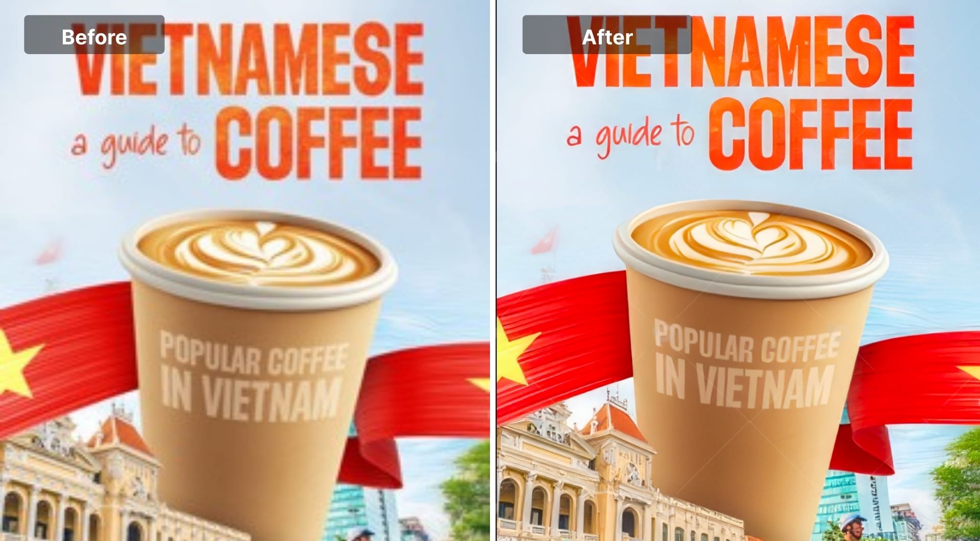Vietnamese coffee poster improved with cleaner text and sharper cup detail with HitPaw