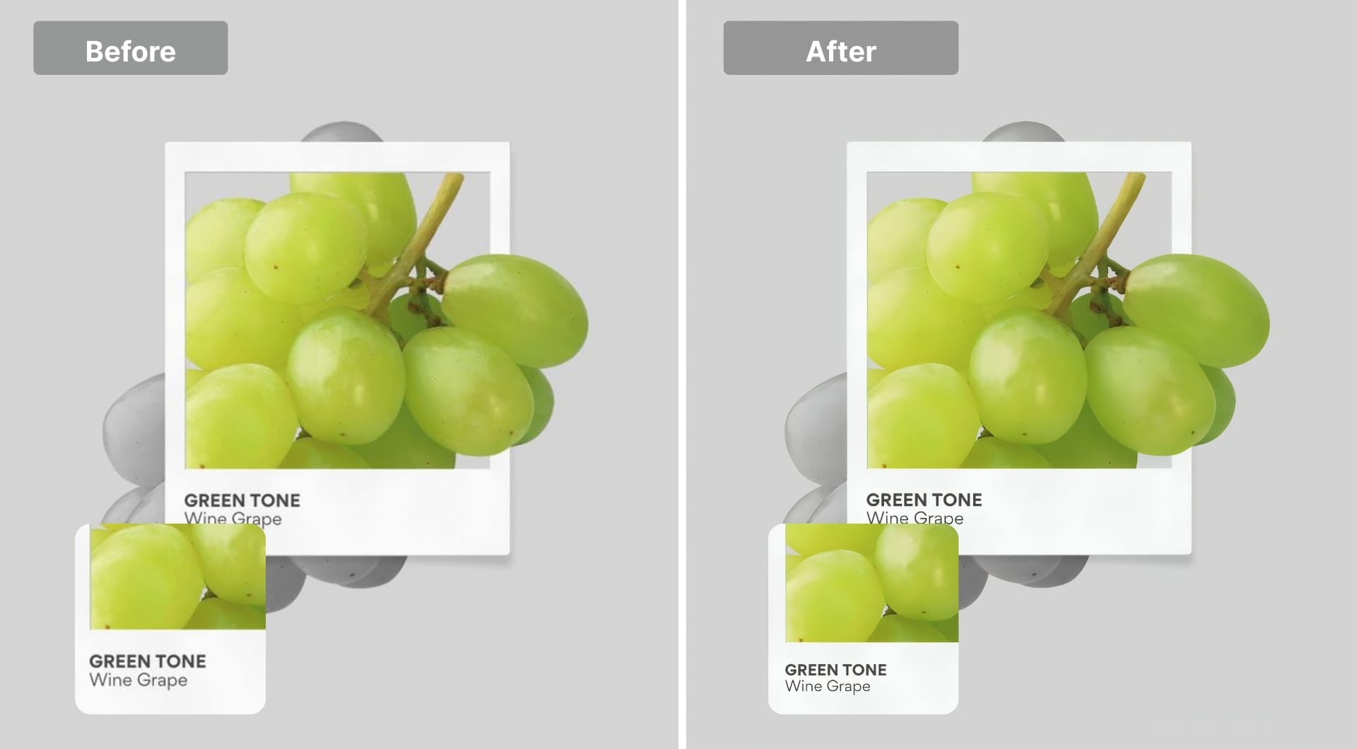 Close-up of green grapes shown before and after AI upscaling.