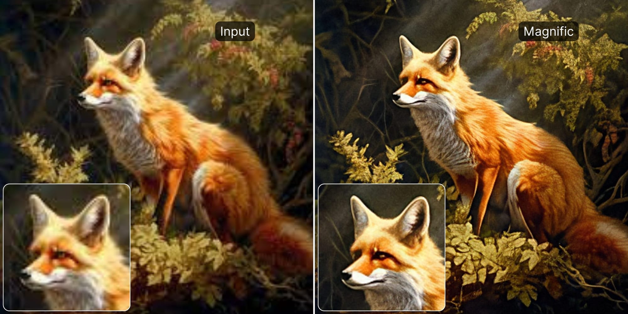 Fox artwork comparison showing Magnific’s creative detail enhancement