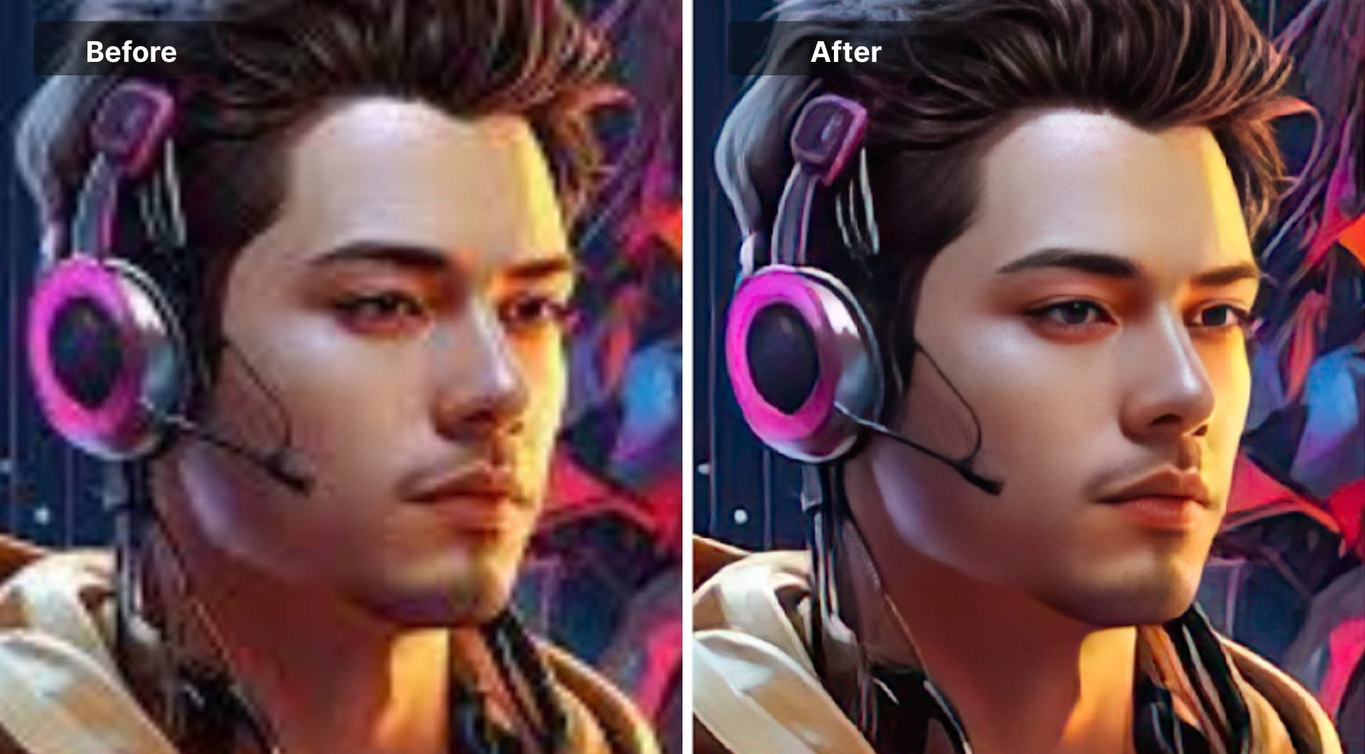 AI-enhanced portrait illustration comparing before and after detail