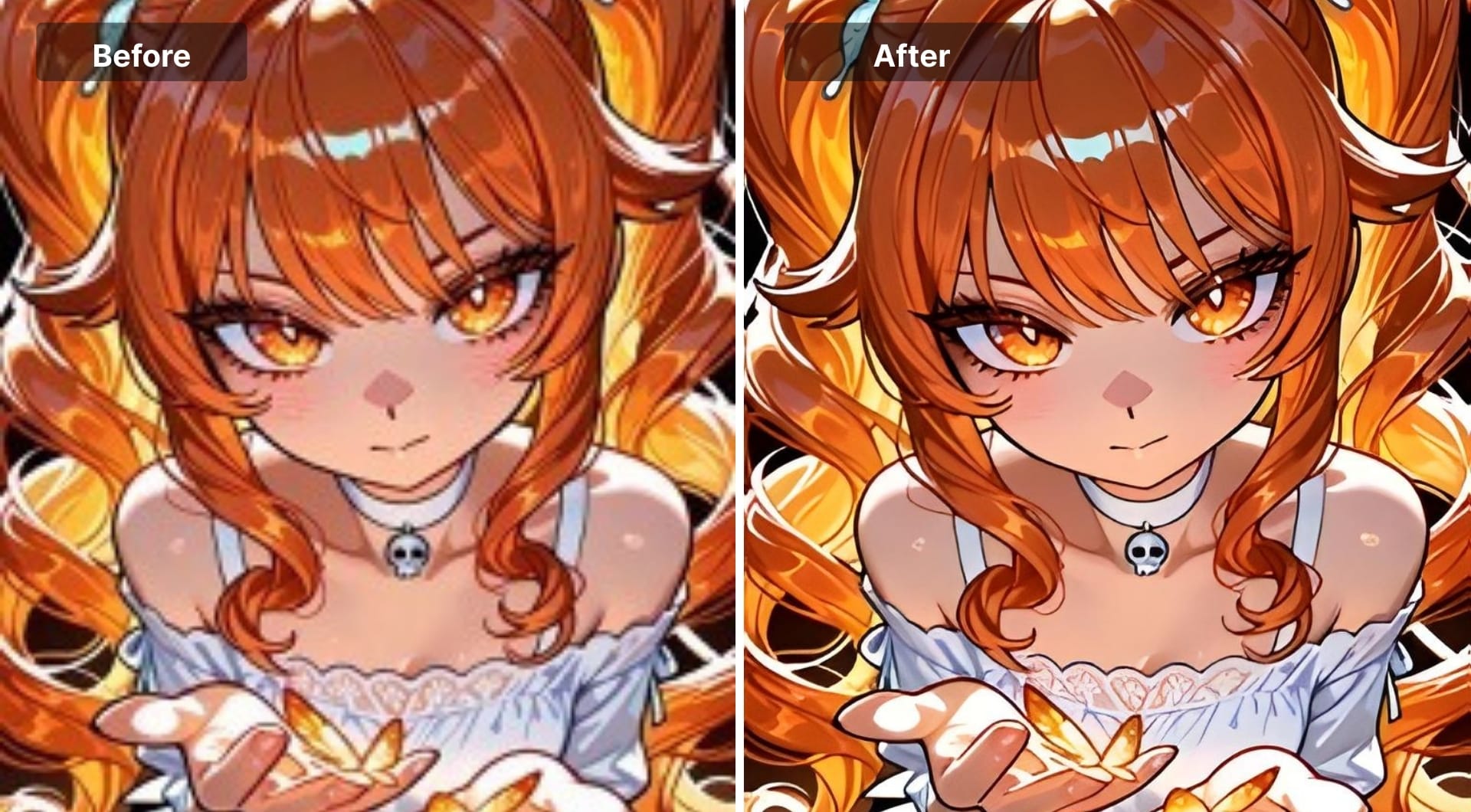 Side-by-side anime illustration with enhanced linework and shading