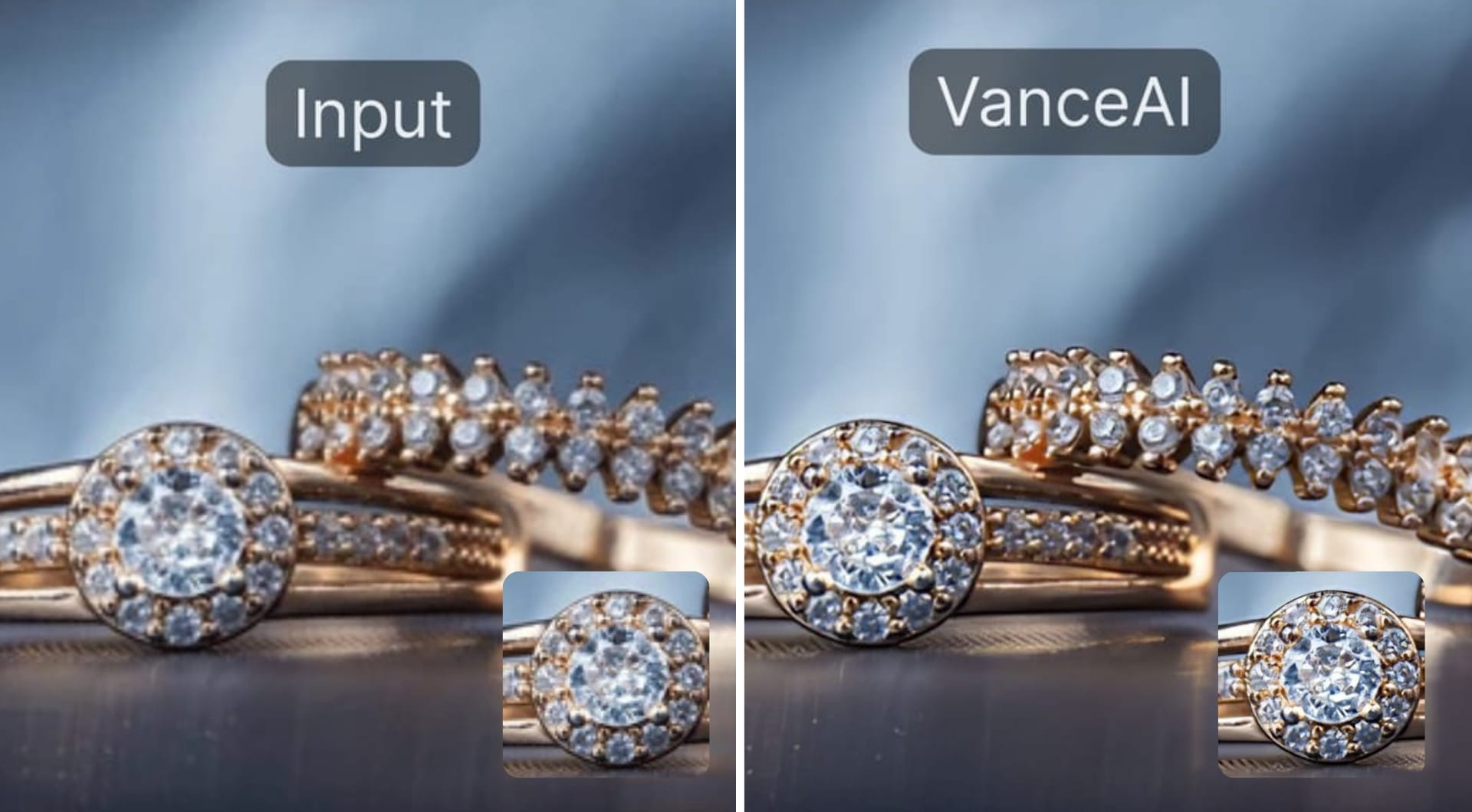 Jewelry product shot comparing original and VanceAI-enhanced detail
