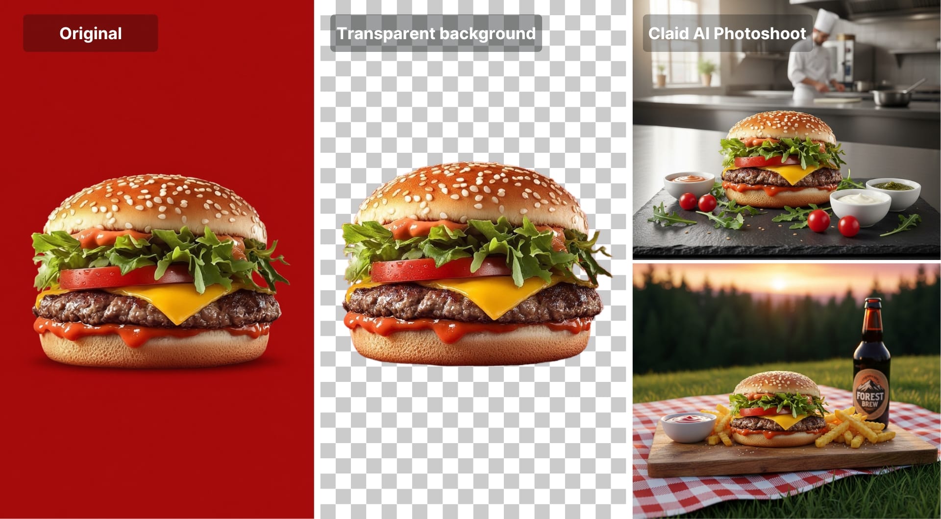 Burger cutout with examples of generated product scenes