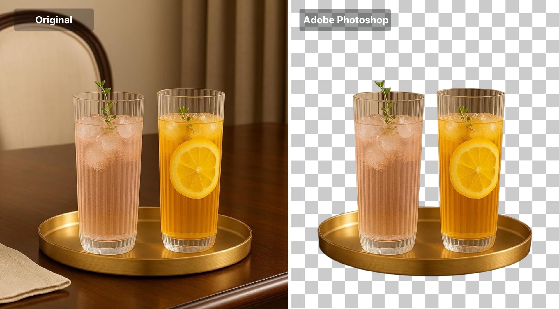 Two glasses on a tray cut out from the background