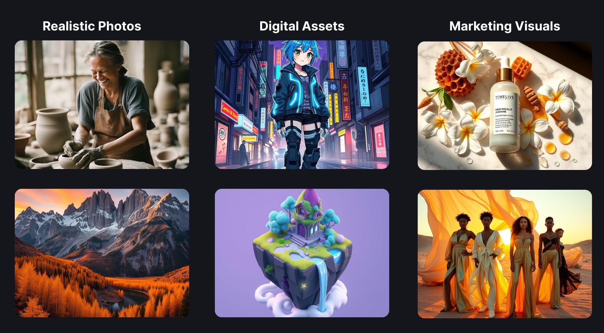 Grid of various realistic and stylized AI-generated artworks generated with LetsEnhance