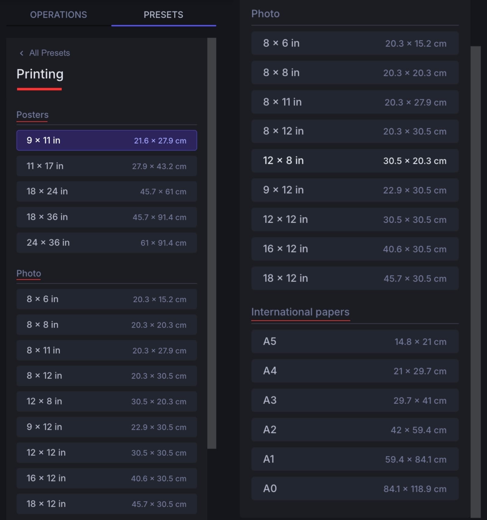 Screenshot of preset poster sizes in the LetsEnhance printing menu.