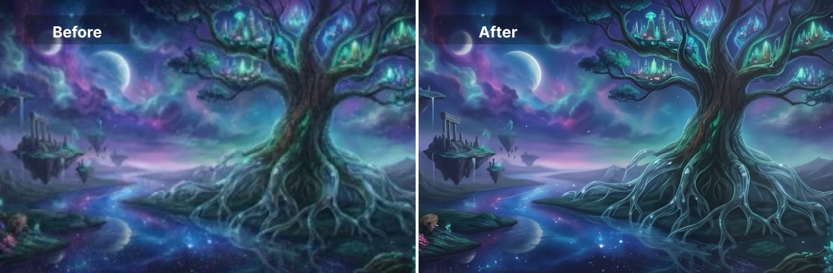 Side-by-side fantasy landscape before and after upscaling
